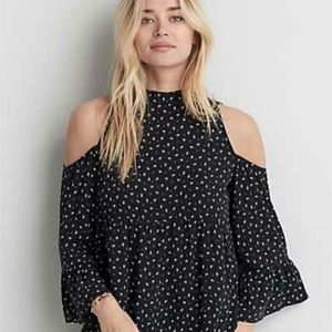 AE Cold Shoulder High Neck Floral Top